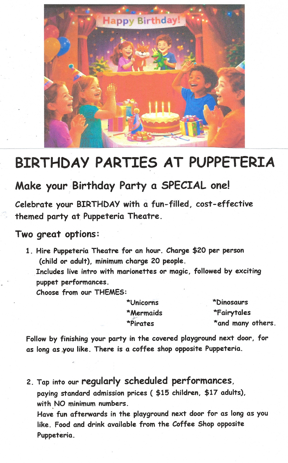Puppeteria party information flyer with show times, pricing and what is included